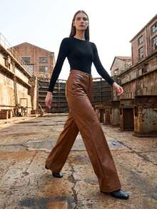 High Waist PU Leather Pants - Rust Brown - View 2