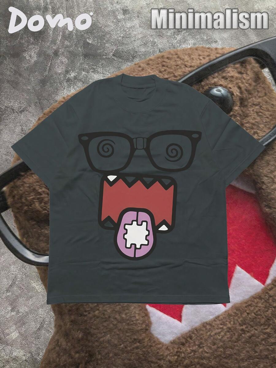 DOMO-KUN Patterned T-Shirt   (220g Cotton T-Shirt) Printed T-Shirt, Graphic Tee, Unisex T-Shirt, Casual And Comfortable, Men's Cotton T-Shirt. Interesting Pattern T-Shirts, Street Life, Home Leisure, Friends Gathering,Graphic Tees Men - 灰色 - 查看 1