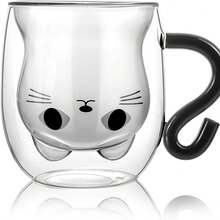 1pc Cartoon Cat Double-Layer Handle Glass Coffee Cup, Insulated & Heat-Resistant. Heart-Shaped Double-Wall Glass Cup, Cute Cat Drinkware. Birthday Gift, Valentine's Day Gift, Back To School Gift - Multicolor - View 12