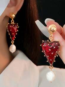 1 Đôi bông tai hình trái tim và ngọc trai cao cấp phong cách cổ điển, quà tặng Ngày Valentine, hình cây thông Noel trái tim xanh, hình bông tuyết lãng mạn trái tim trắng, quà Giáng sinh, phù hợp cho phụ nữ đeo hàng ngày, dự tiệc hoặc hẹn hò. - Thiết kế hai trái tim màu đỏ - Xem 13