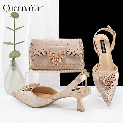 QueenaYan QueenYan Damen Abendschuhe & Clutch Set, spitze High Heels mit rechteckiger Clutch Tasche, seidenglänzend, geräumig & elegant, modisch & minimalistisch, geeignet für Bankette, Partys und den täglichen Gebrauch