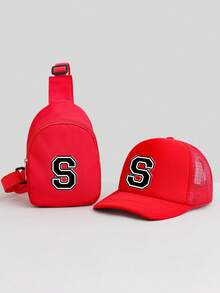 2pcs Kids Red 26 Letter Personalized Sponge Mesh Cap Set, Fashionable Cool Breathable Sunshade Hollow Design Baseball Cap & Compact Lightweight Versatile Pouch, Gift Set, Suitable For 5-8 Years Old Boys & Girls Casual, School, Travel In Spring/Summer - Red - View 23