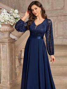MIUSOL Elegant Floral Lace Deep V-Neck Lantern Sleeve Ruffle Hem Maxi Evening Dress - Navy Blue - View 9