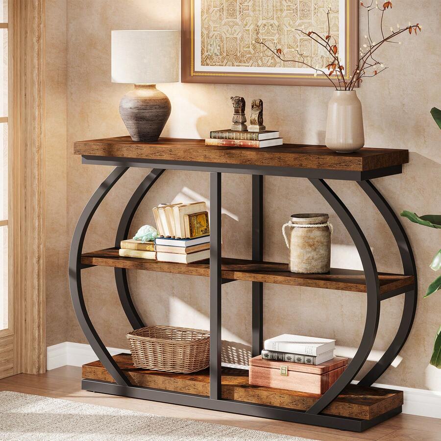 Tribesigns Mesa consola de 104 cm, mesa de entrada industrial de 3 niveles con estructura de metal curvado y estantes de almacenamiento para sala de estar, pasillo, café rústico. - Marrón - Ver 1