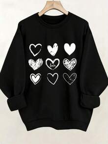 Women's Valentine's Day Heart Print Sweatshirt - Soft Stretchy Pullover Sweater, Cozy Casual Round Neck Long Sleeve Blouse, Light Beige-Friendly For F - 黑色 - 查看 1