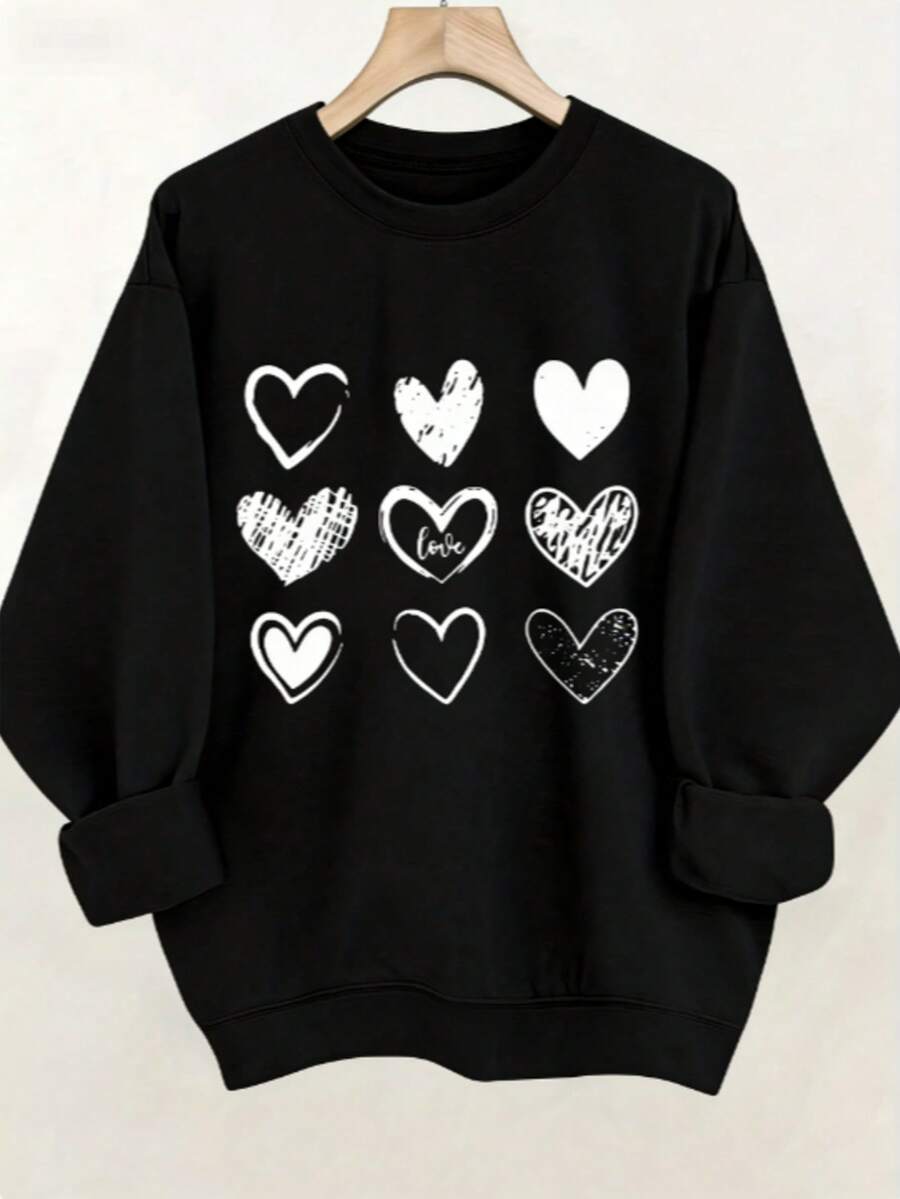 Women's Valentine's Day Heart Print Sweatshirt - Soft Stretchy Pullover Sweater, Cozy Casual Round Neck Long Sleeve Blouse, Light Beige-Friendly For F - 黑色 - 查看 1