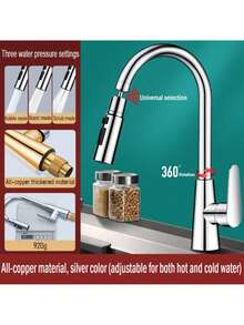1pc Premium Pull-Out Copper Faucet, Adjustable Cold & Hot Water, 360° Rotatable & Extendable 60CM Spray Head, Adjustable Water Flow Mode, Suitable For Kitchen Sink, Bathroom Sink, Washbasin
