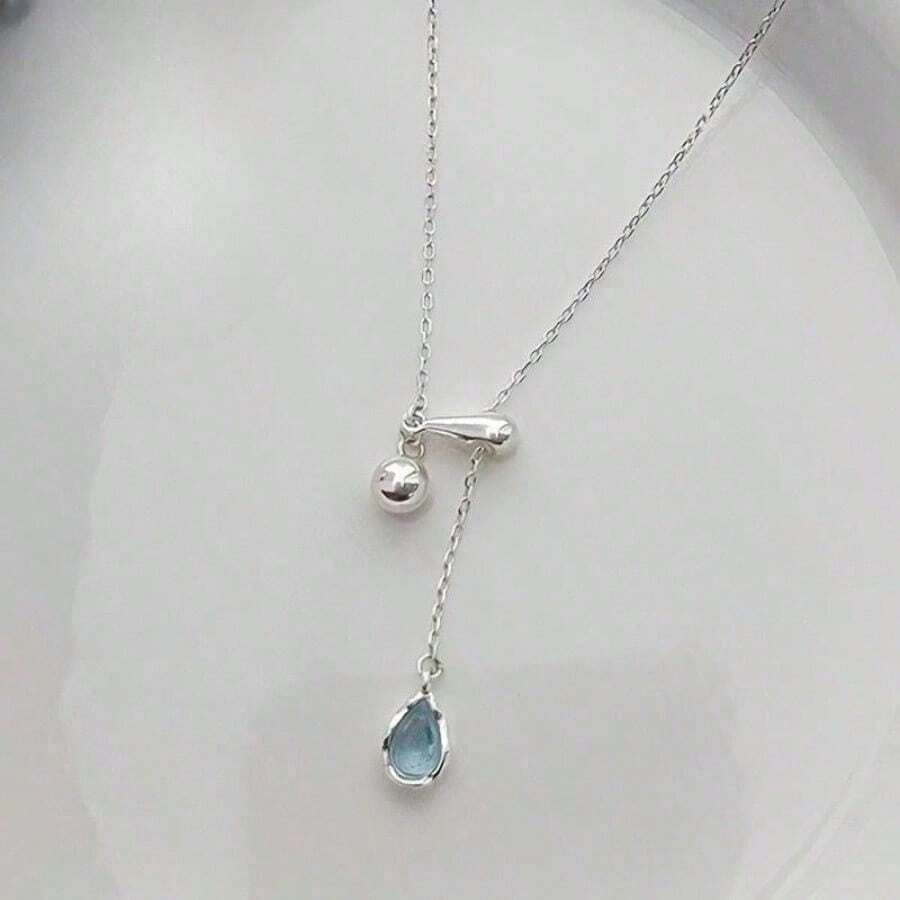 Water Drop Pendant Necklace, Sea Blue Synthetic , Elegant And Sexy, Celestial Symbol, April Birthstone, Suitable For All Year Round, Suitable For Daily Wear And Gifting, Valentine's Day Gift - 戒指+項鍊 - 查看 1
