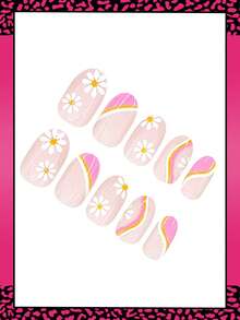 24片装短款椭圆形节日美甲贴片，简约条纹花朵裸色短款全覆盖亮面假指甲套装，包含：1片果冻胶和1个指甲锉，易于佩戴，日常美甲贴片，适合女性和女孩日常美甲用品。 - 彩色 - 查看 3