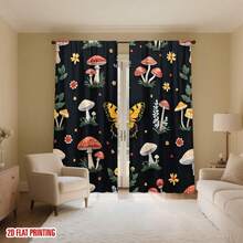 Blackout Curtains - Whimsical Mushroom & Floral Print On Black Background, Machine Washable Rod Pocket Drapes For Bedroom, Living Room, Kitchen, Balcony - Contemporary Home Decor, Natureinspired Design,  Peach Skin Curtains, Single-Sided Printed, Polyester Material, Easy To Clean And Maintain, Soft And Comfortable, Perfect For Living Room, Bedroom, Balcony, Study Room, Kitchen, Rod Pocket Curtains, Enhance The Sense Of Happiness At Home, Perfect For Christmas, Halloween, And Thanksgiving Decorations(Rod Not Included) - 款式 18(2 片) - 查看 2