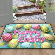 1pc 2D Flat Flannel Happy Easter Egg Pattern Anti-Slip Washable Polyester Door Mat – Vibrant Spring Decor For Porch, Kitchen, Hallway, Bedroom & Balcony, Lightweight & Durable Home Decoration