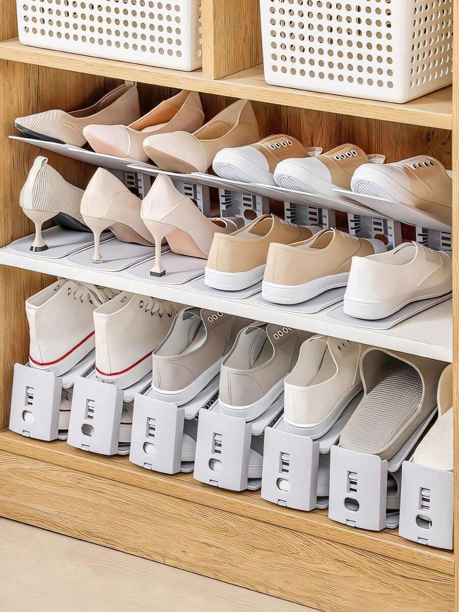 1/6pcs Shoe Slot Organizer - Can Stack One Pair Of Shoes, Saving 50% Of Shoe Storage Space, Adjustable Thickened Double Layer Shoe Rack, Suitable For Wardrobe Shoe Organizer, White/Gray - Multicolor - View 1