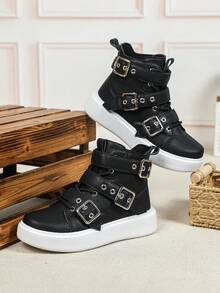 Men's Personalized Fashion Rock-Style High-Top Sneakers, Combining Laces And Buckles, Thick-Soled Men's Shoes, Wild And Stylish Multifunctional Outdoor Travel Hiking Boots, Casual Boots, Daily Wear, Holiday Gifts - Black - View 3