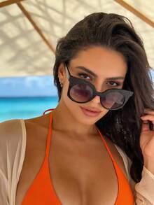 1pc Women's Black Round Cat Eye Large Frame Argyle Patchwork Y2K Baddie Retro Street Chic Fashion Fashion Glasses, Vacation - Black Frame Double Gray Film - View 3