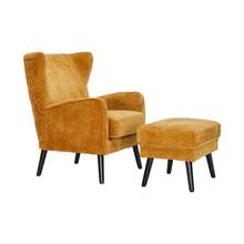 Luxury Chenille Accent Chair With Ottoman - Dark Green/Dull Yellow Upholstered Lounge Armchair, Plush Comfort For Living Room, Black Wooden Legs - Dull Yellow - View 11