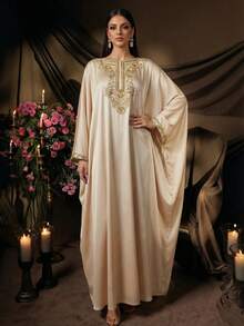 AmazingHoney Elegante bata de kaftan de color crema con detalles bordados en dorado, mangas de murciélago, bata de fiesta abaya, bata de kaftan, bata abaya (corte holgado - por favor, consulte la tabla de tallas) - Albaricoque - Ver 4