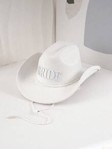 1pc Solid White Wedding Hat, Unique Embroidered Letter "Bride" White Boho Cowgirl Hat, Music Festival Felt Hat, Panama Hat With Ribbon Decor, Suitable For Outdoor, Western Music Festival, Party, Western Gathering, Wedding - Bride - View 2