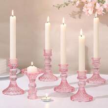 DARJEN Green Glass Candlestick Holders Set Of 6, 4" H & 5" H Taper Candle Holders For Candlesticks & Pillar Candles, Diamond Candle Holders For Wedding Party Table Centerpiece, Home Decor - 粉色 - 查看 2