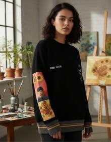 TendenciaSuéter De Punto Vintage Para Mujer Con Estampado De Van GoghCalidad premium - Negro - Ver 1