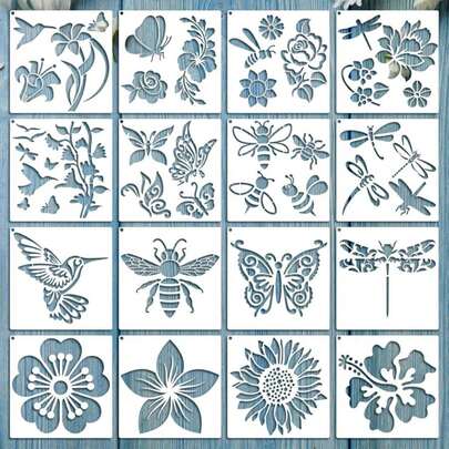 16 Pieces Stencil For Painting Sunflower Butterfly Floral Stencil Spring Summer Large Reusable Hummingbird Painting Templates And Metal Open Ring For DIY Craft On Wood Wall Home Decor(6.3 X 6.3 Inch)