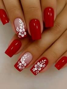 24 Stück mittel-lange quadratische rote tragbare Nageltips, minimalistischer Blumen-Aufklebe-Fake-Nägel, inklusive Gelee-Gel und Nagelfeile, geeignet für Frauen für den Alltag, Partys, Urlaub Nagelbedarf - Verschiedenfarbig - Übersicht 2