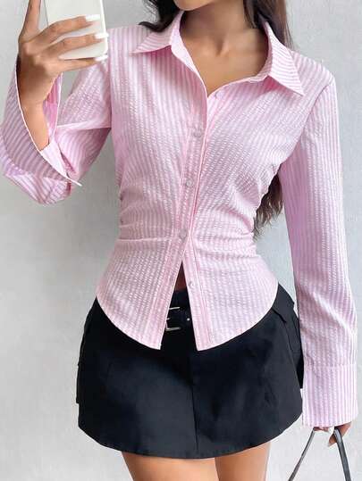Elegant French/American Retro Style Pink Striped Waist Casual Shirt, Long Sleeve Top, Suitable For Work, School, Dating, Shopping And Other Occasions, Minimalist Design, Spring, Autumn And Summer