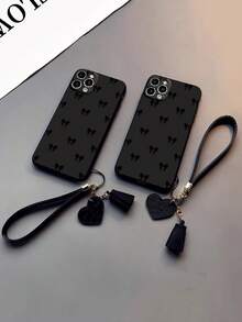 黑色蝴蝶结图案直边打孔加厚防摔手机壳，带装饰配件；新款真皮心形腕带DIY手机壳吊坠；短款腕带吊坠，兼容 16/11/16 Pro/16 Plus/16 Pro Max/16 e/15 Pro Max/13/14/12/XS/XR/7G/8P，兼容Galaxy，兼容Redmi - 彩色 - 查看 2