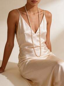 1pc Golden Stainless Steel Electroplated 18K Gold Round Faux Pearl Long Pendant Necklace, Elegant & High-End, Suitable For Holidays, Daily Wear, Engagements, Weddings - White - View 2