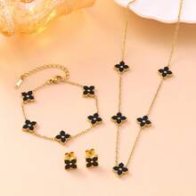 Bộ trang sức hoa hồng đen bằng thép không gỉ mạ vàng 18K - Dây chuyền, vòng tay, bông tai, phụ kiện thời trang cao cấp phong cách VCA dành cho nữ, món quà lý tưởng. - Nhiều màu - Xem 2