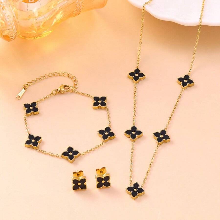 Bộ trang sức hoa hồng đen bằng thép không gỉ mạ vàng 18K - Dây chuyền, vòng tay, bông tai, phụ kiện thời trang cao cấp phong cách VCA dành cho nữ, món quà lý tưởng.