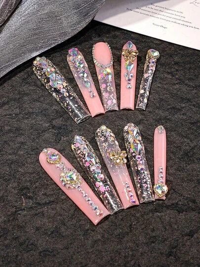 10片Y2K超长法式按压美甲，全覆盖，手工制作，带有3D闪亮水钻装饰和合金蝴蝶装饰，非常适合婚礼、派对、情人节、生日、圣诞节等场合，完美贴合，可重复使用，包含1片果冻胶和1片迷你磨砂贴，可拆卸按压美甲套装，适合女士和女孩在节日派对和日常佩戴，美甲产品