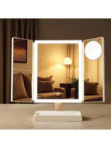 1个三折LED化妆镜，3倍/2倍/1倍放大倍率，便携式高清化妆镜，亮度可调，可折叠设计，带支架和三色灯光，内置1800mAh可充电电池，USB充电，方便旅行携带，带触摸屏调光功能，是送给女性的最佳礼物，情人节礼物，圣诞节礼物。