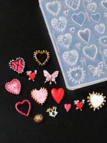 1个巴洛克风格硅胶美甲模具，DIY婚礼美甲模板，带3D心形蝴蝶图案，适用于波西米亚风美甲、美甲沙龙用品，可重复使用，情人节美甲印花工具 - 無色 - 查看 2