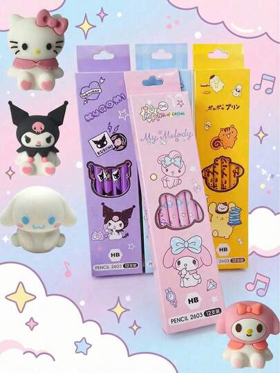 Sanrio 12pcs/Set Melody Kuromi Cinnamon Dog Black Writing & Drawing Pencils, School Supplies & Gifts (Assorted Pencil Designs)