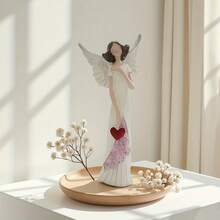 1pc Resin Angel Figurine With White Dress, Pink Floral Decor, Holding Red Heart, Delicate Wings Like White Roses. Faceless Design Adds Artistic Touch, A Warm Decor Item To Express Love And Beautify Home, Also Suitable As A Gift To Infuse Life With Gentle Poetry And Goodwill. - Multicolor - View 1