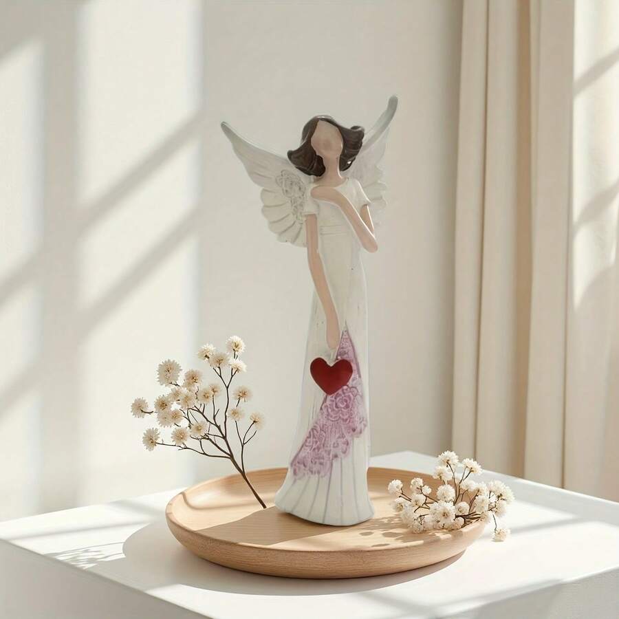 1pc Resin Angel Figurine With White Dress, Pink Floral Decor, Holding Red Heart, Delicate Wings Like White Roses. Faceless Design Adds Artistic Touch, A Warm Decor Item To Express Love And Beautify Home, Also Suitable As A Gift To Infuse Life With Gentle Poetry And Goodwill. - Multicolor - View 1