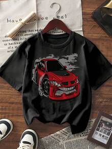 Damen Kurzarm T-Shirt Lässig Rotes Rennwagen Grafik Muster Rundhals Tee Top Streetwear Sommer Locker Sitzend Weich Bequem Alltägliches Tragen Mode 2024 - Weiss - Übersicht 1