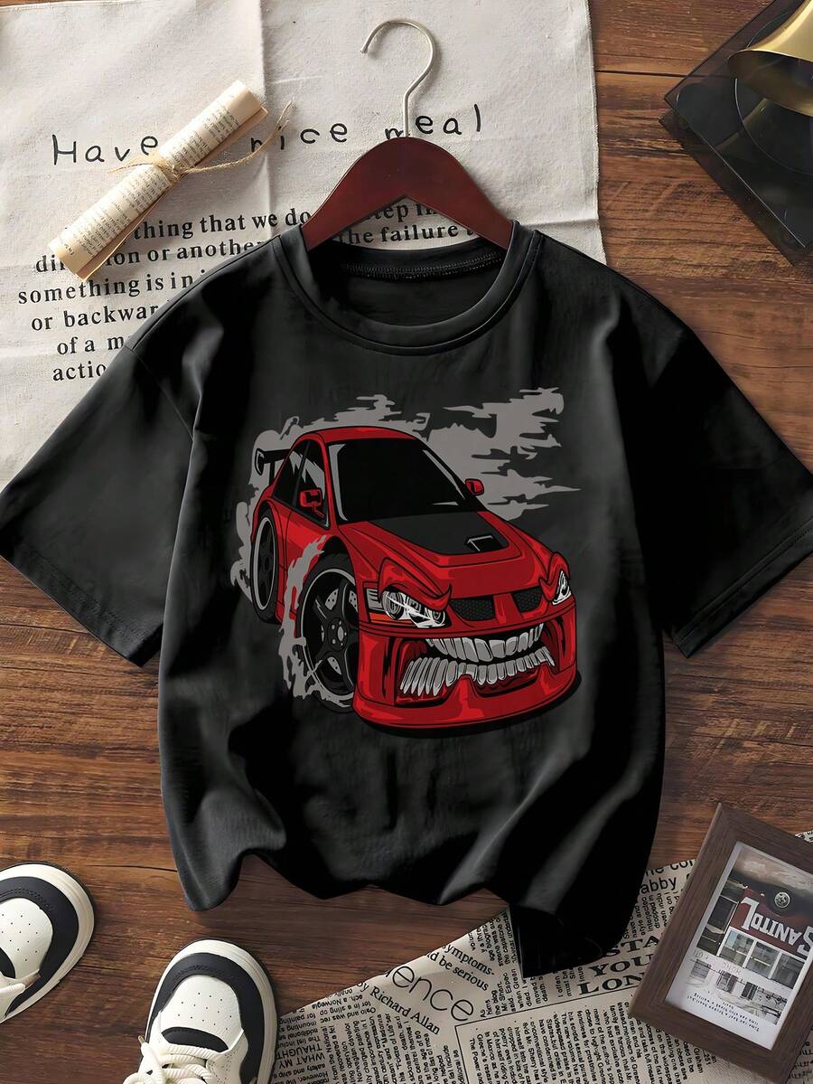 Damen Kurzarm T-Shirt Lässig Rotes Rennwagen Grafik Muster Rundhals Tee Top Streetwear Sommer Locker Sitzend Weich Bequem Alltägliches Tragen Mode 2024 - Weiss - Übersicht 1