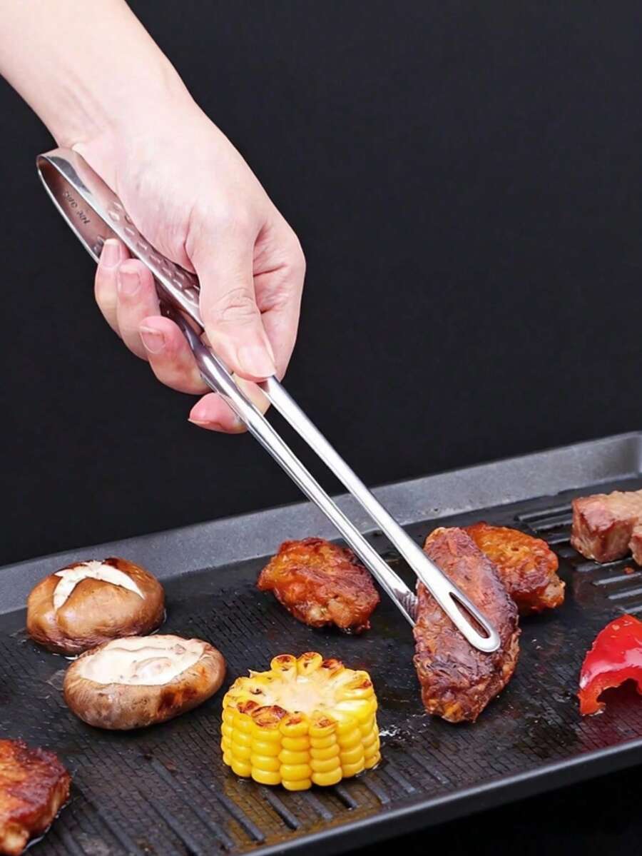 不锈钢食物夹,不锈钢厨房烹饪夹,多功能食物夹,长柄防滑烧烤夹,防滑金属食物夹,耐热,牛排夹,厨房烹饪用具配件,适用于烧烤和烹饪,可用洗碗机清洗,适用于烧烤、煎炸肉类和鱼类(金色和银色) - 彩色 - 查看 1