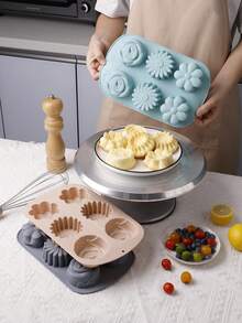 1个6孔硅胶花朵蛋糕模具，DIY布丁果冻冰块烘焙工具，慕斯巧克力模具，耐热不粘，适用于烤箱烘焙，生日派对节日活动 - 彩色 - 查看 2