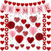 Valentines Day Decorations Hanging Kit 25Pcs Red Valentine's Day Decor Hanging Heart Swirls BE Mine Love Heart XO Garlands Banner Heart Honeycomb For Home Office Valentines Wedding Galentines Party - 紅色 - 查看 2