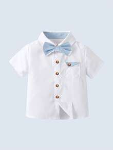 2 件套男婴绅士服装套装：短袖衬衫配领结和工装短裤，时尚别致，适合生日派对、婚礼、满月/周岁庆祝 - 藍白色 - 查看 6