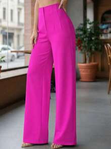 Pantalón Pinzas al Frente y Pierna Amplia.  Tela Stretch. - Rosa Fucsia - Ver 3
