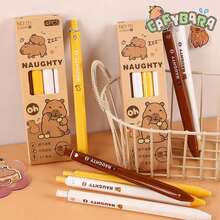 水豚主题可擦塑料笔 | 0.5mm 细笔尖，速干墨水，轻巧可伸缩走珠笔，内置橡皮擦，黄棕色设计，大容量多层铅笔盒，返校必备办公用品，情人节礼物 - 彩色 - 查看 2