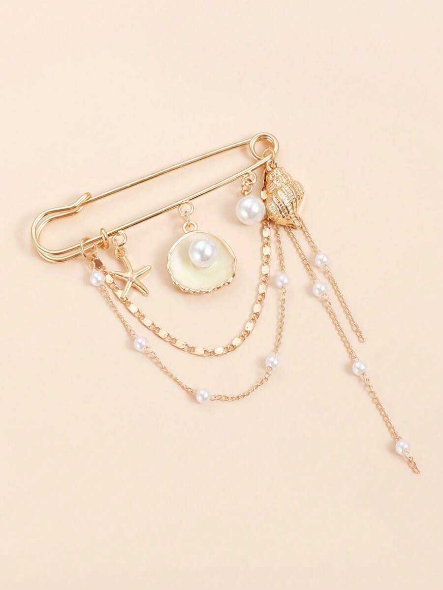 1件装女士独特贝壳海星吊坠胸针创意仿珍珠贝壳闪亮串珠饰品包包装饰Y2K旅行必备可爱钥匙挂绳 - 金色 - 查看 1