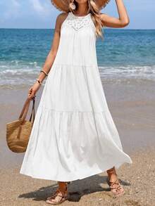 Women Summer Sleeveless Loose Dress Casual Hollow Out Halter Sleeveless Boho Long Sundress Spring Beach Holiday Vacation Valentine Long Maxi Dress - 白色 - 查看 3