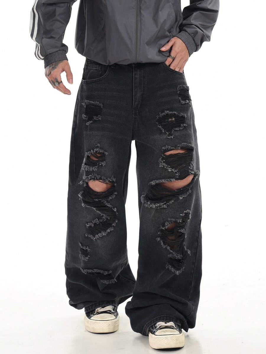 1件 Justice Brother 复古做旧破洞毛边牛仔裤，男士休闲宽松阔腿牛仔裤，嘻哈街头风 - 黑色 - 查看 1
