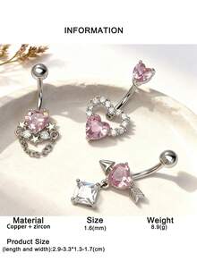 3pcs Women's Sexy Luxury Heart-Shaped Navel Rings, Suitable For Daily Wear, Party, Beach Vacation Outfits