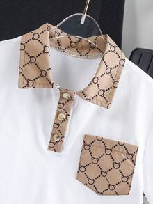 2pcs Boys Polo Shirt & Shorts Set, Collar Print Patchwork Short Sleeve Knit T-Shirt With Pockets Printed Shorts, Casual Wear For 8-12 Years Old - 駝色 - 查看 3