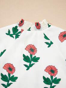 Acelitt Cămașă bej cu imprimeu floral, decolteu în V, mânecă scurtă, lejeră, de vară - Multicolor - Vizualizare 5